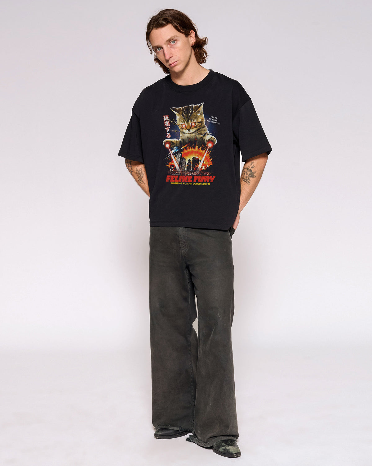 Feline Fury Black Oversized Crop Tee Full-Body