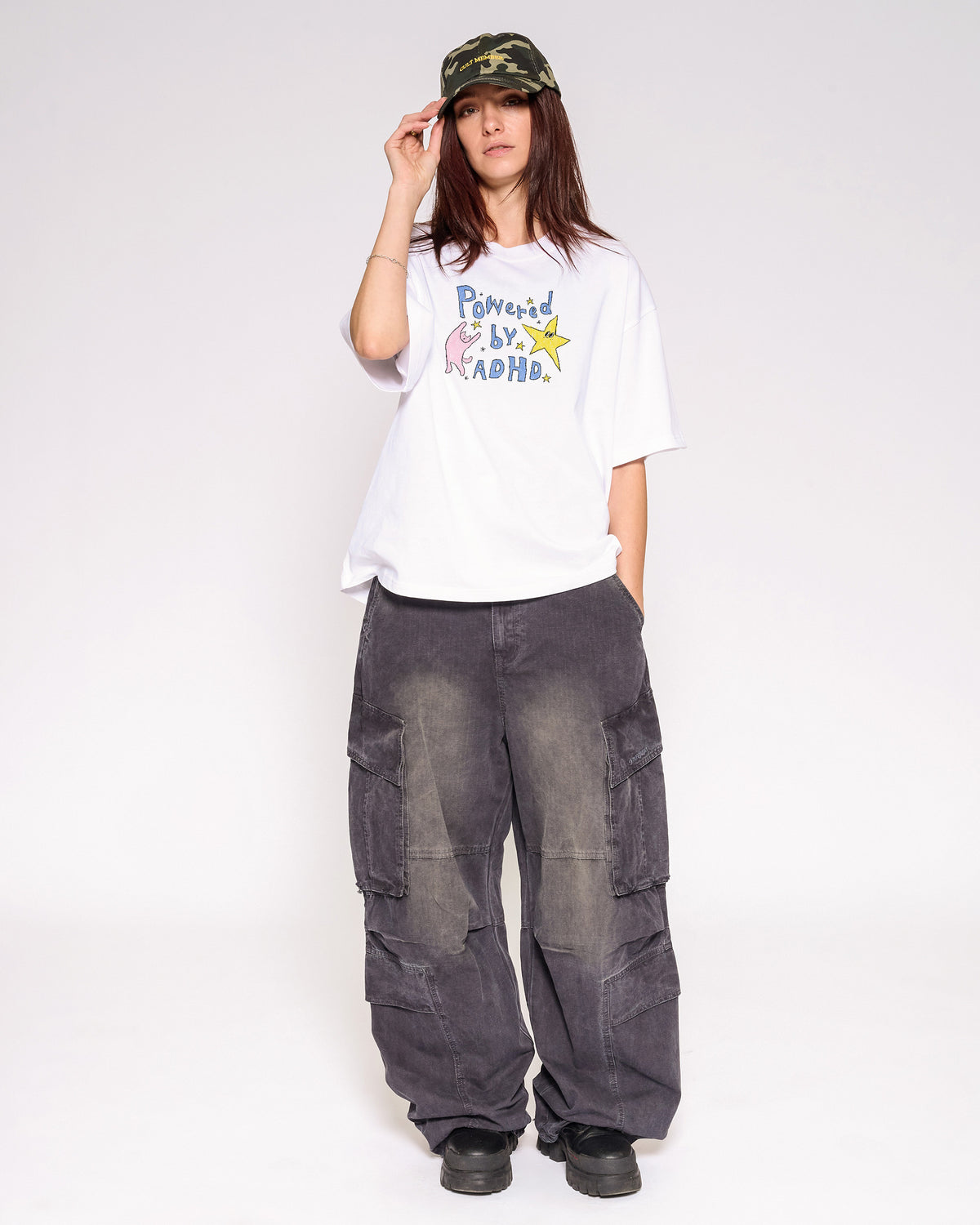 Powered by ADHD White Oversized Crop Tee Full-Body