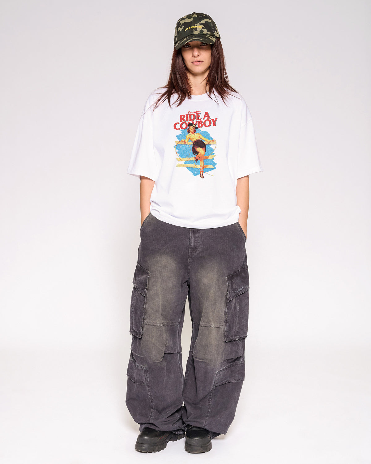 Save a Horse, Ride a Cowboy White Oversized Crop Tee Full-Body