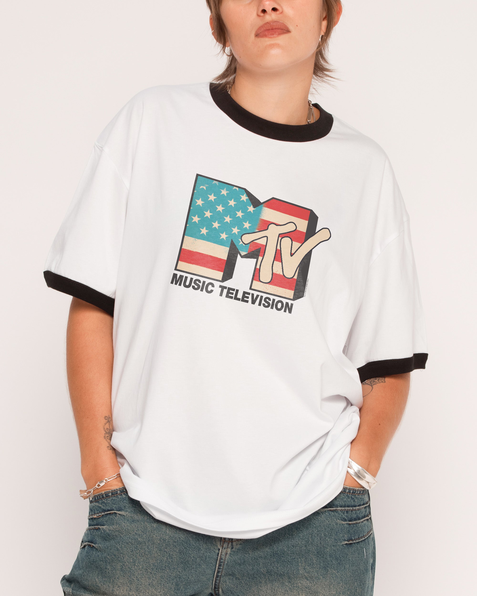USA MTV Logo Black Ringer T-Shirt