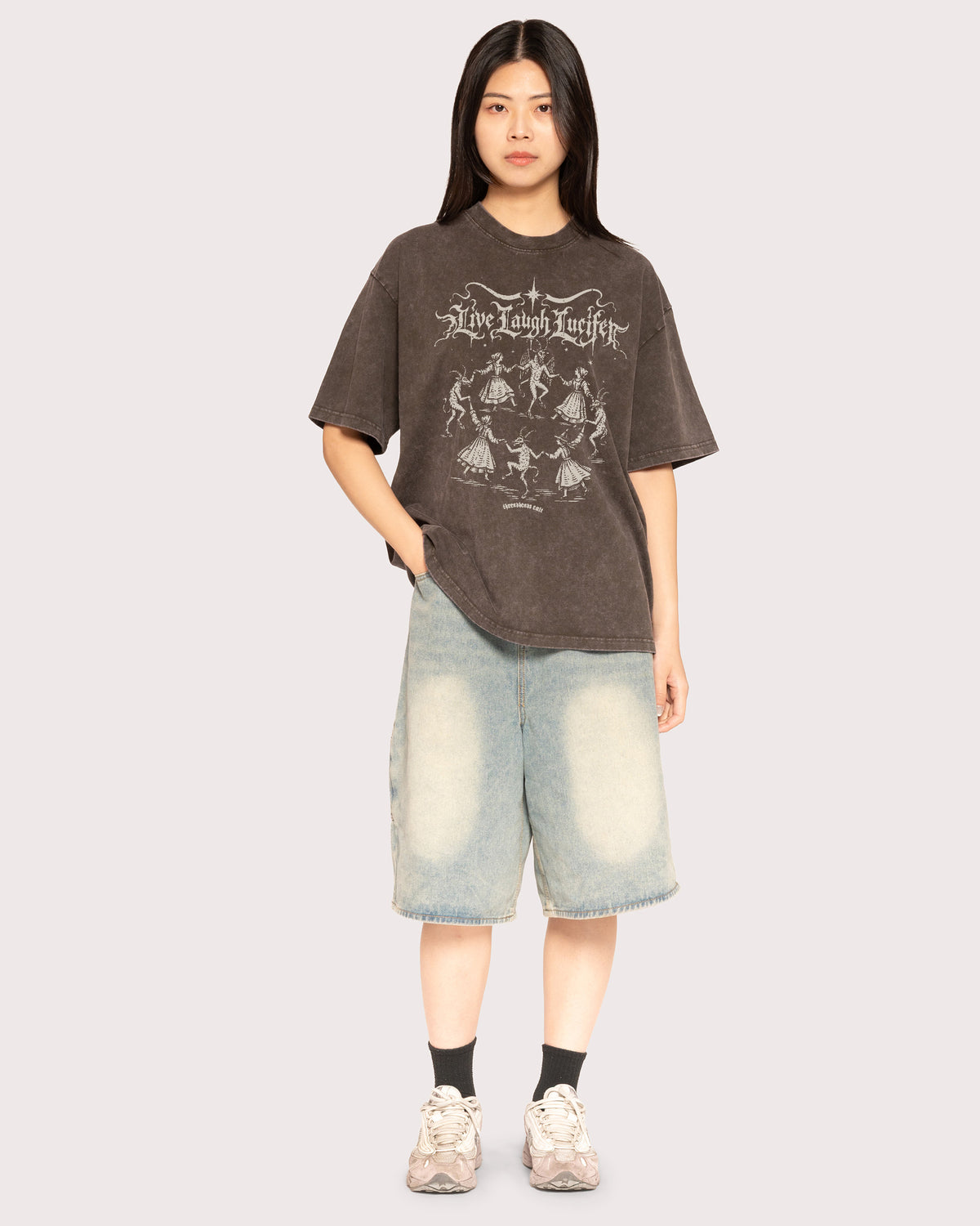 Life Live Laugh Lucifer Grey Stone Oversized Tee