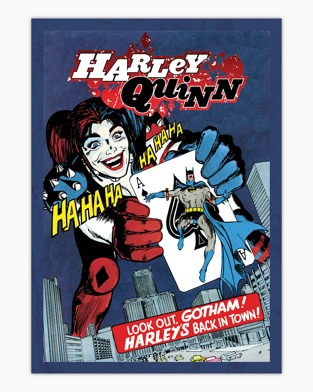 Harley Quinn's Back In Town Art Print #colour_Blue