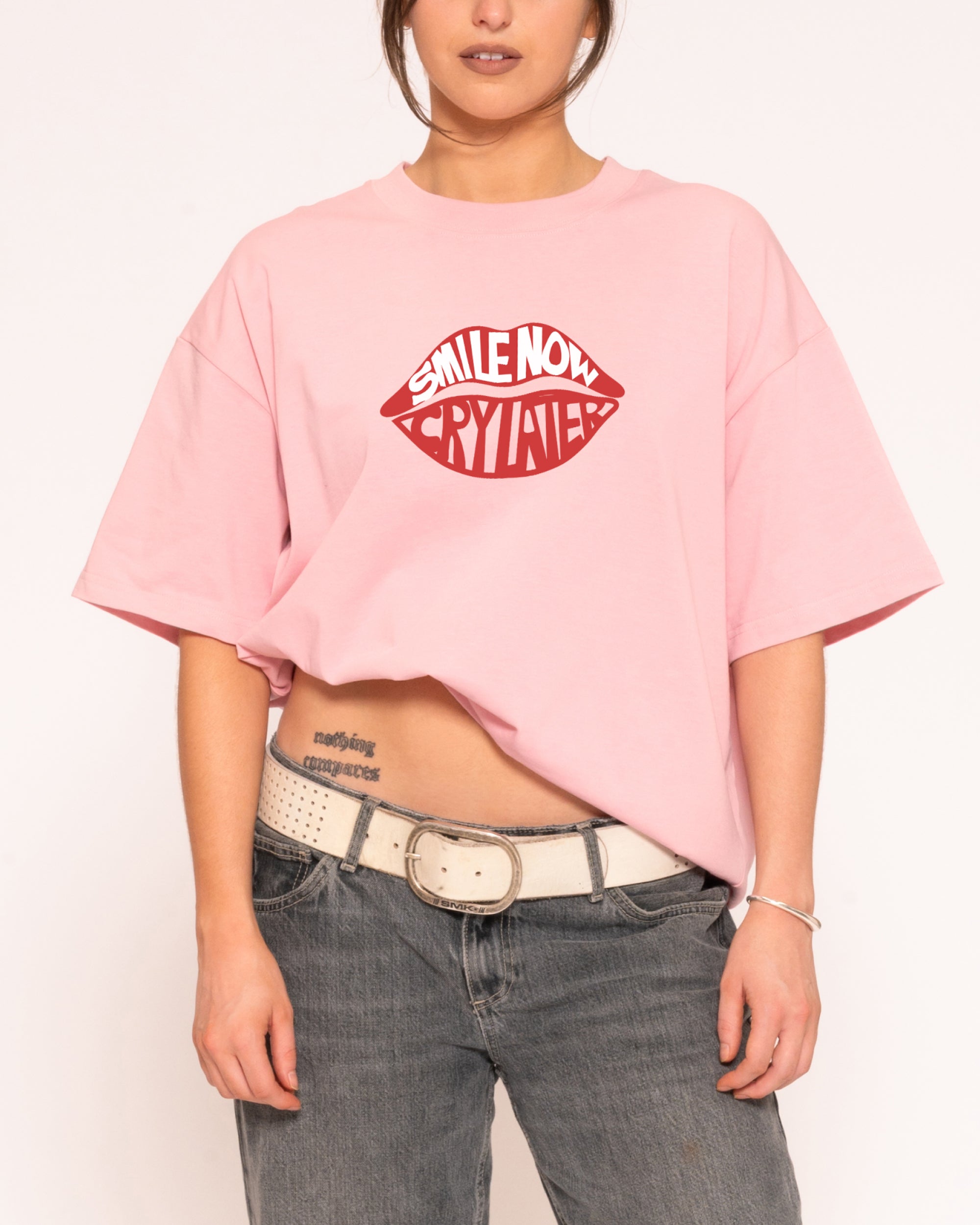 Smile More, Cry Later Pink Boxy Crop Tee