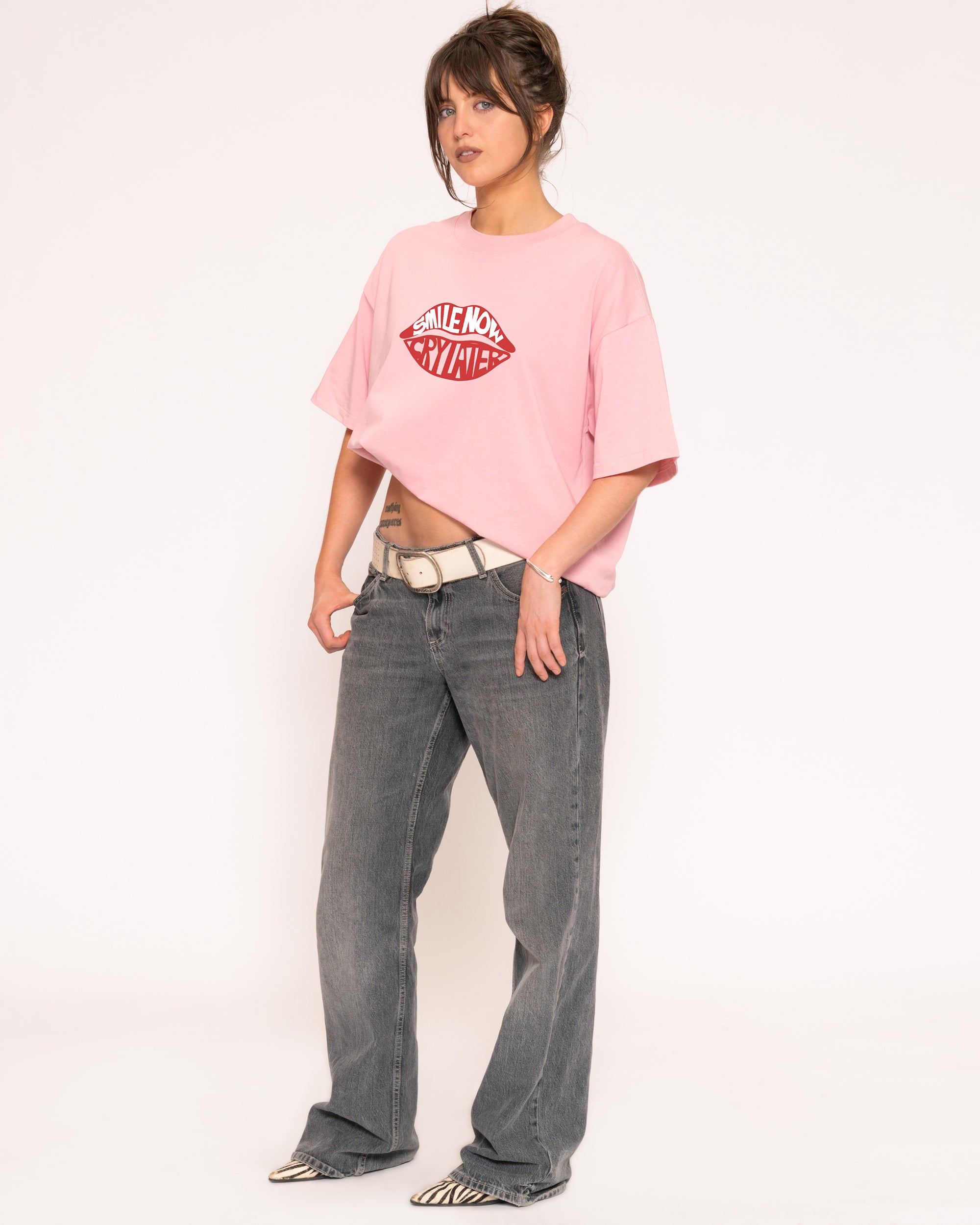 Smile More, Cry Later Pink Boxy Crop Tee