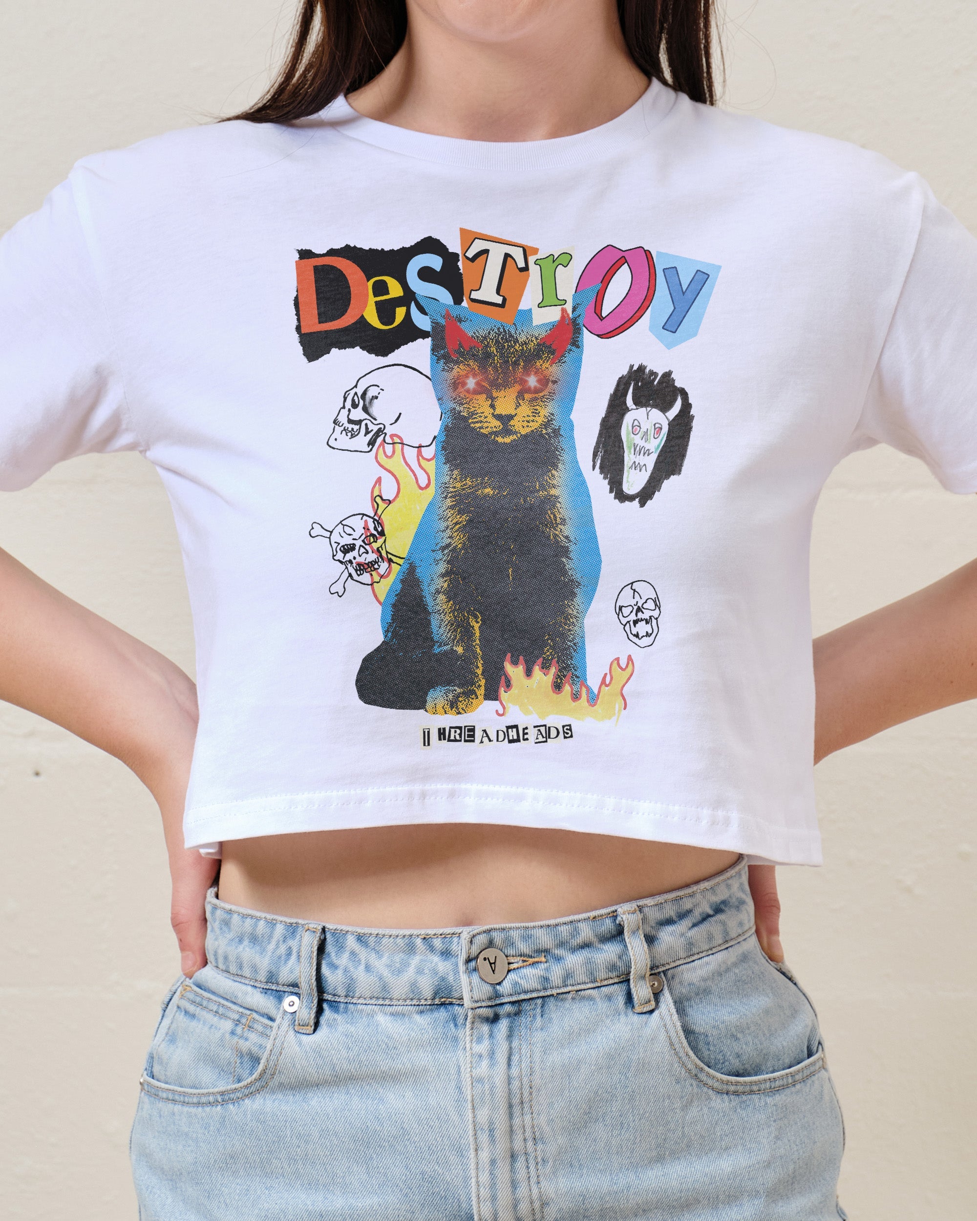 Destroy Cat Crop Tee Australia Online White