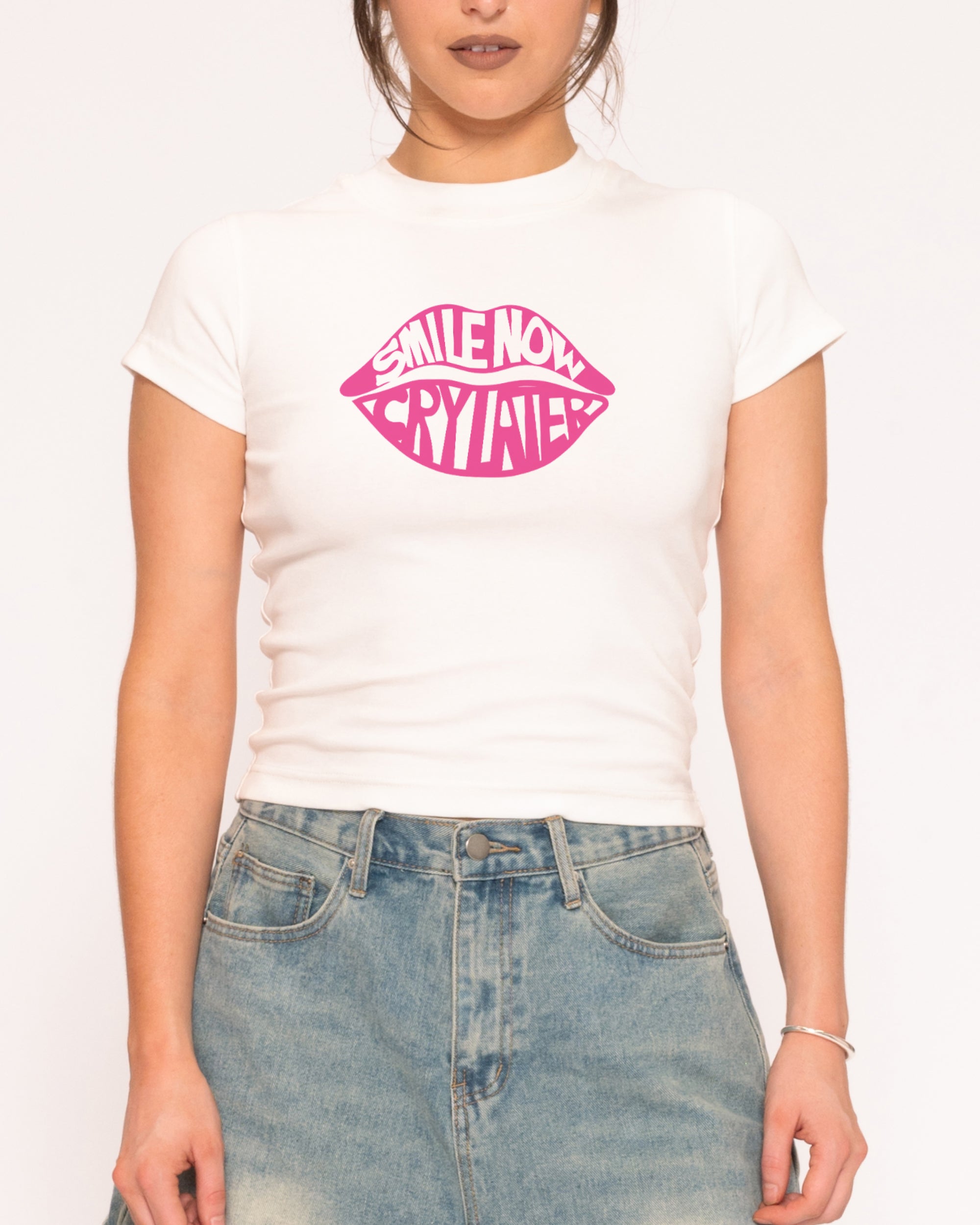 Smile More, Cry Later White Longline Baby Tee