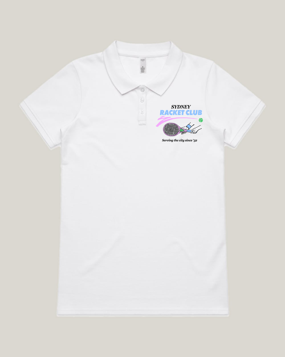 Custom Women's Polo in white with a sample Sydney Racket Club chest print