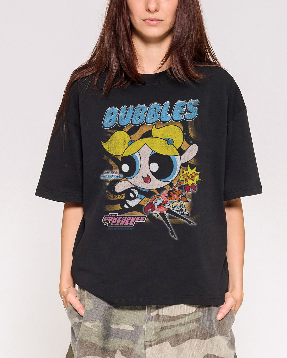 Bubbles Black Oversized Crop Tee Close-Up