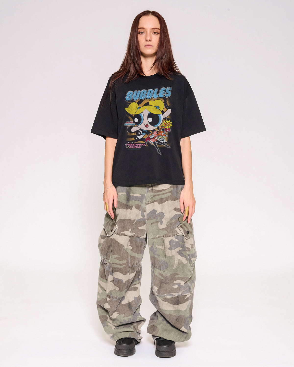 Bubbles Black Oversized Crop Tee Full-Body