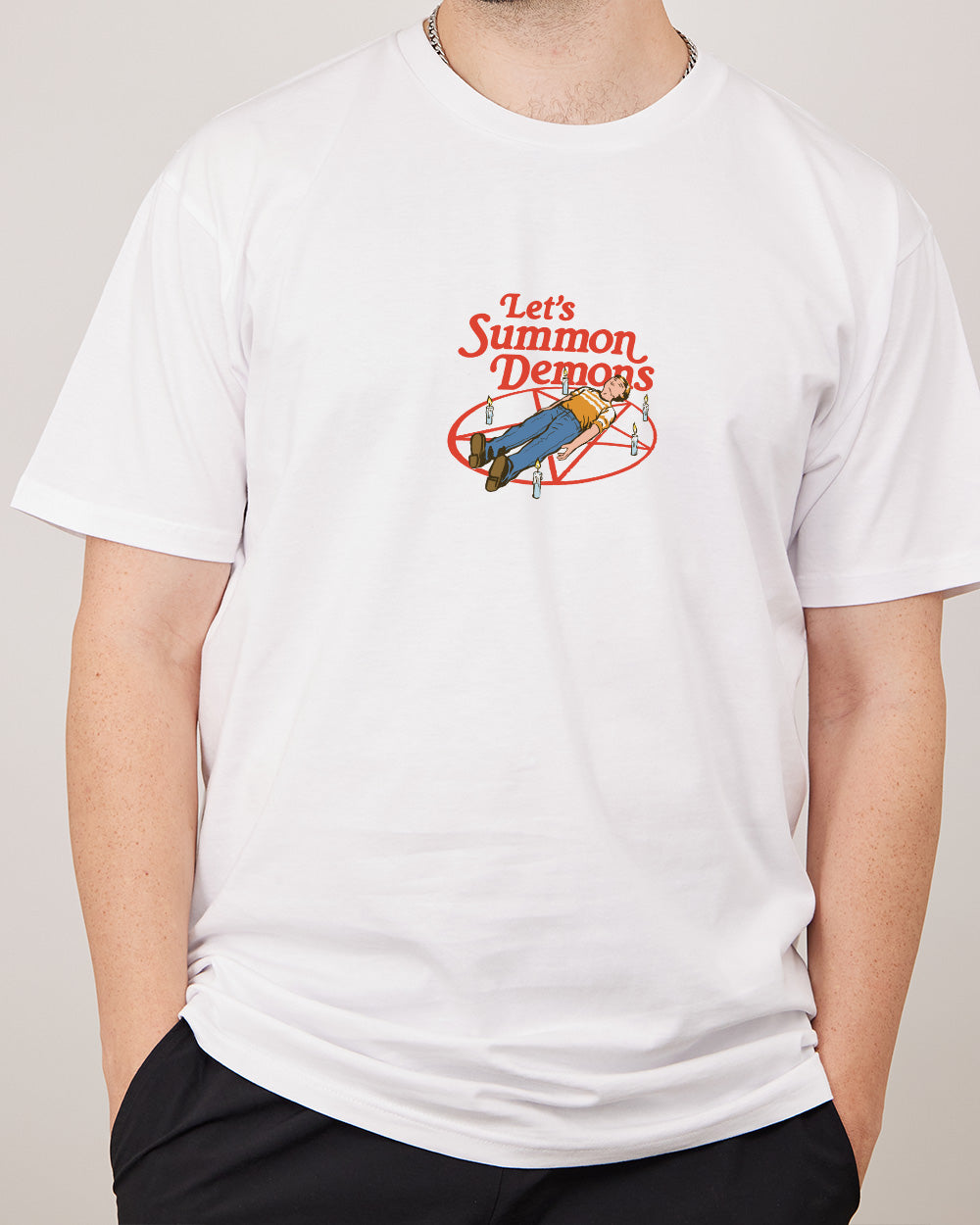 Let's Summon Demons Front and Back T-Shirt Australia Online #colour_white