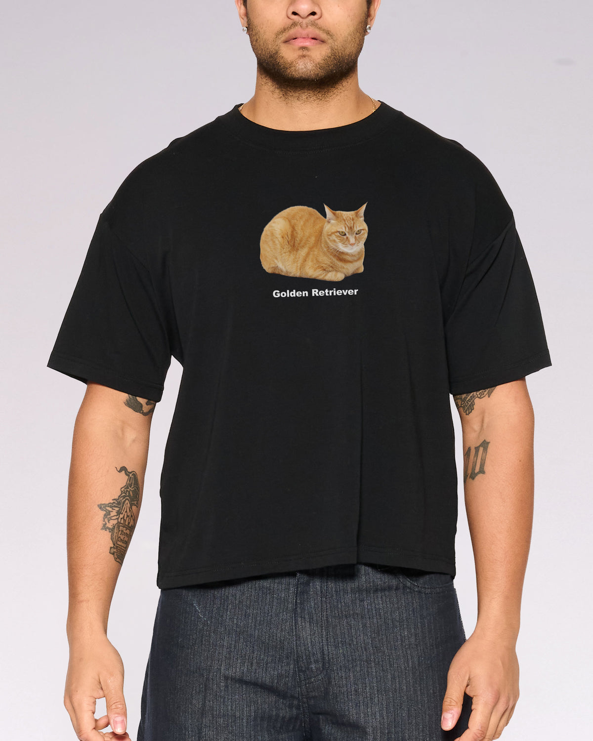 Golden Retriever Black Oversized Crop Tee Close-Up