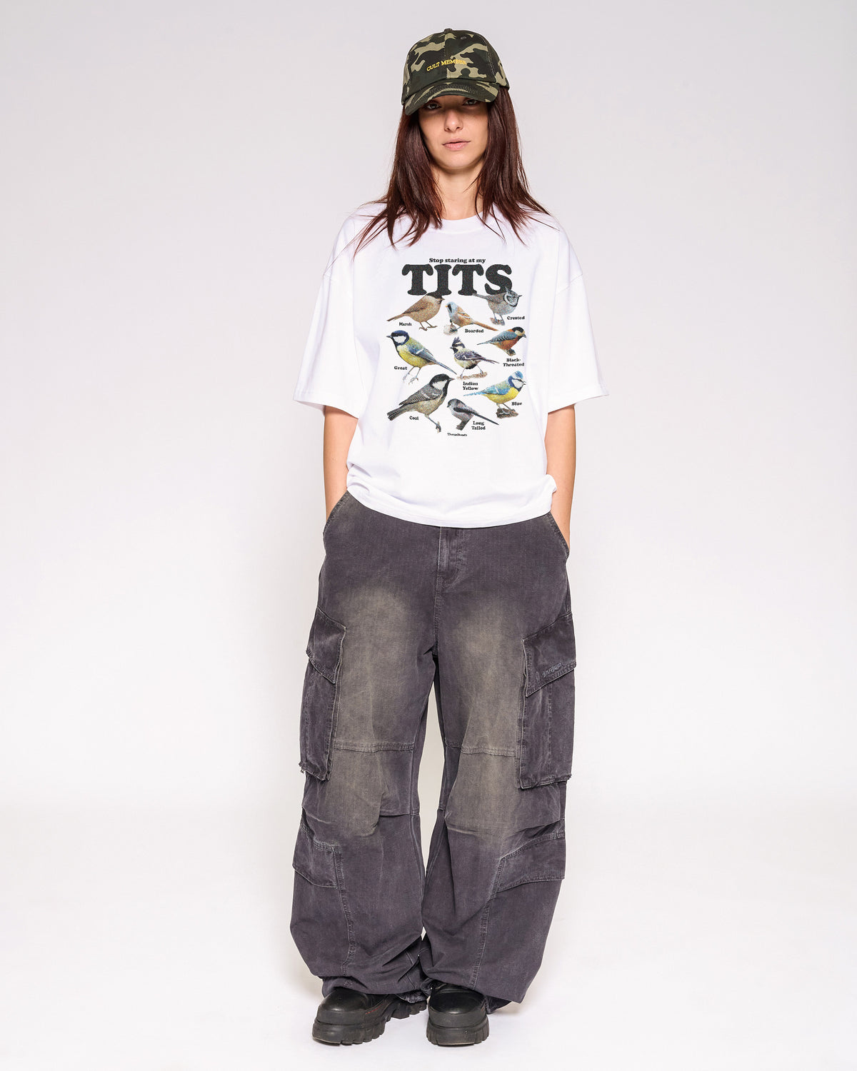 Stop Staring At My Tits White Oversized Crop Tee Full-Body