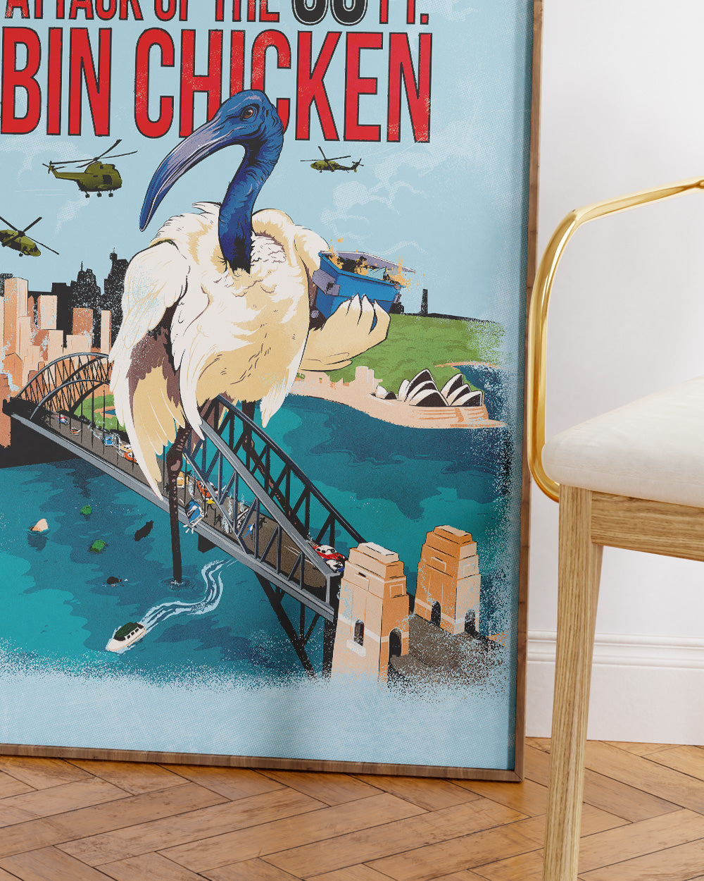 Attack of the 50ft Bin Chicken Art Print Australia Online #colour_blue