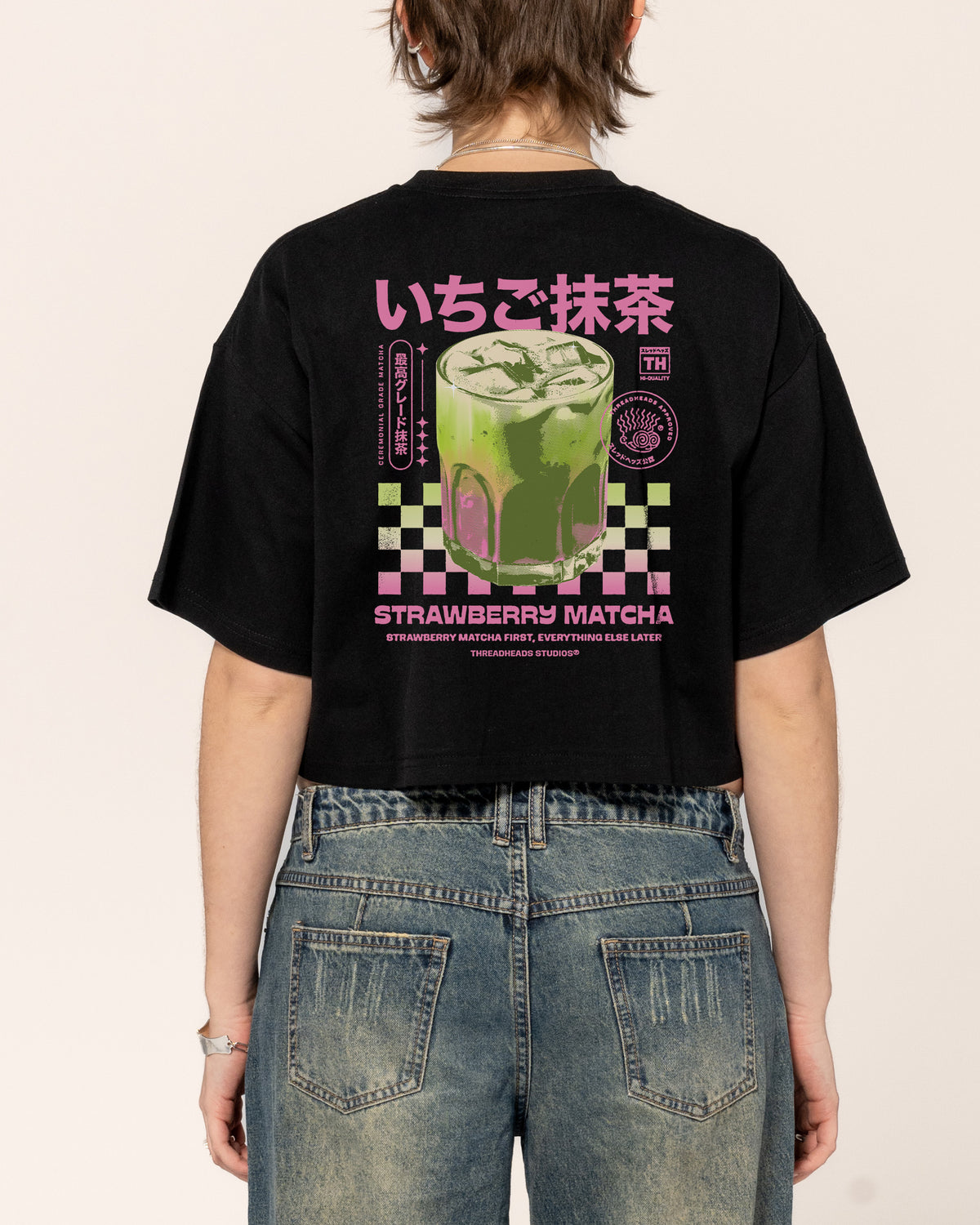 Strawberry Matcha Black Crop Tee