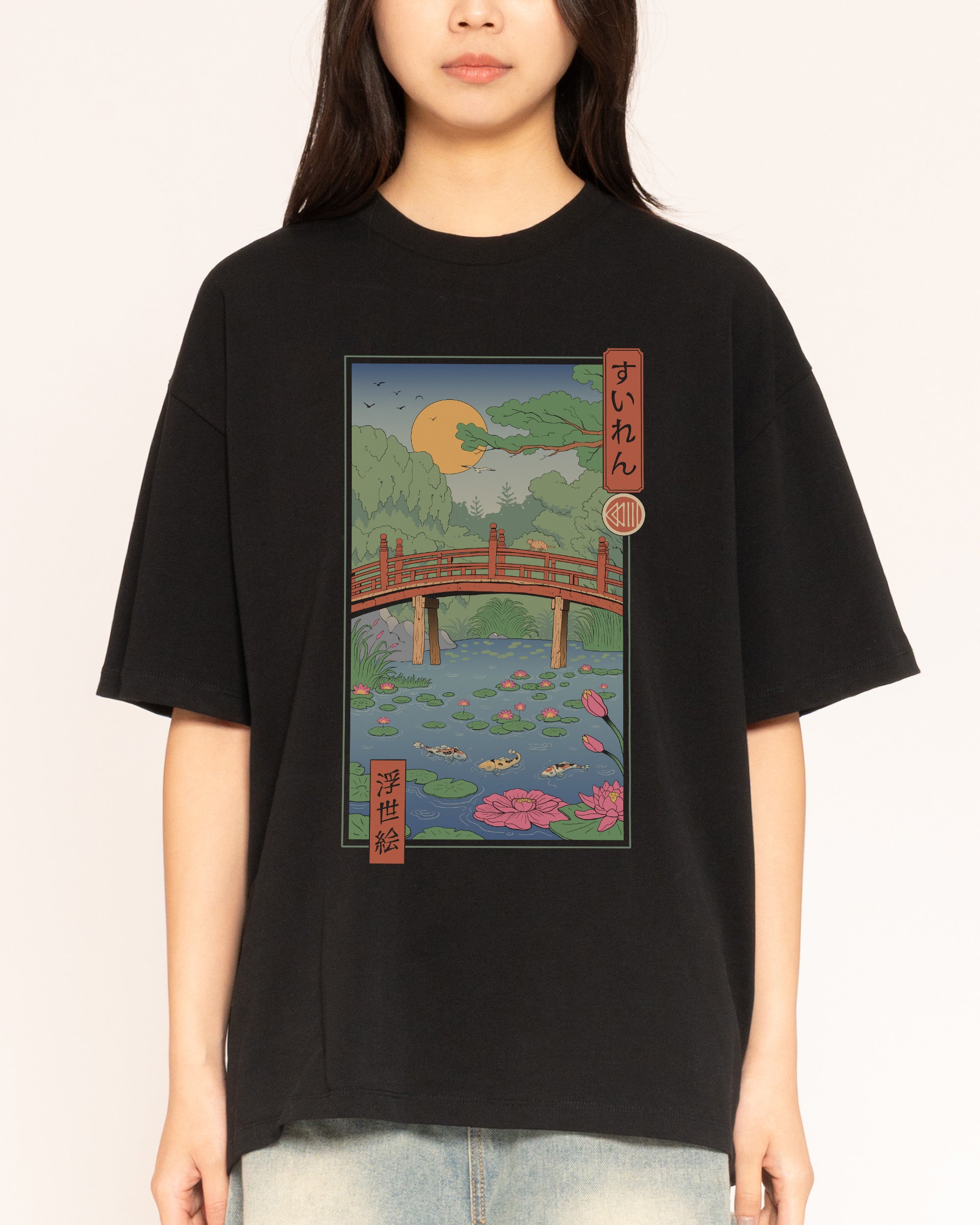 Water Lilies Ukiyo-e Black Oversized Tee