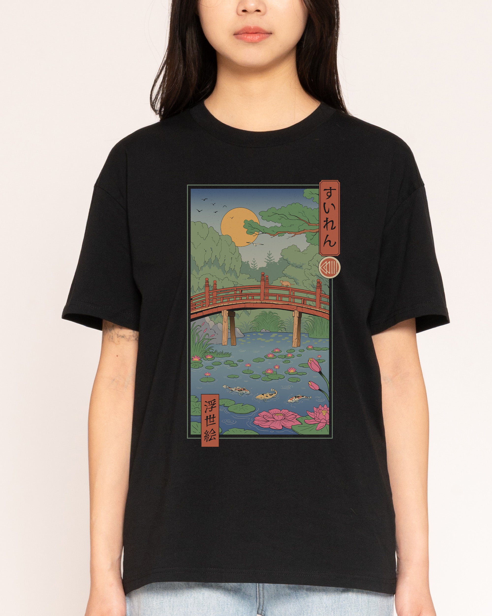 Water Lilies Ukiyo-e Black T-Shirt