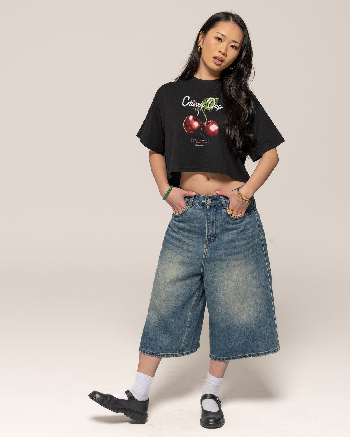 Cherry Drip Black Crop Tee