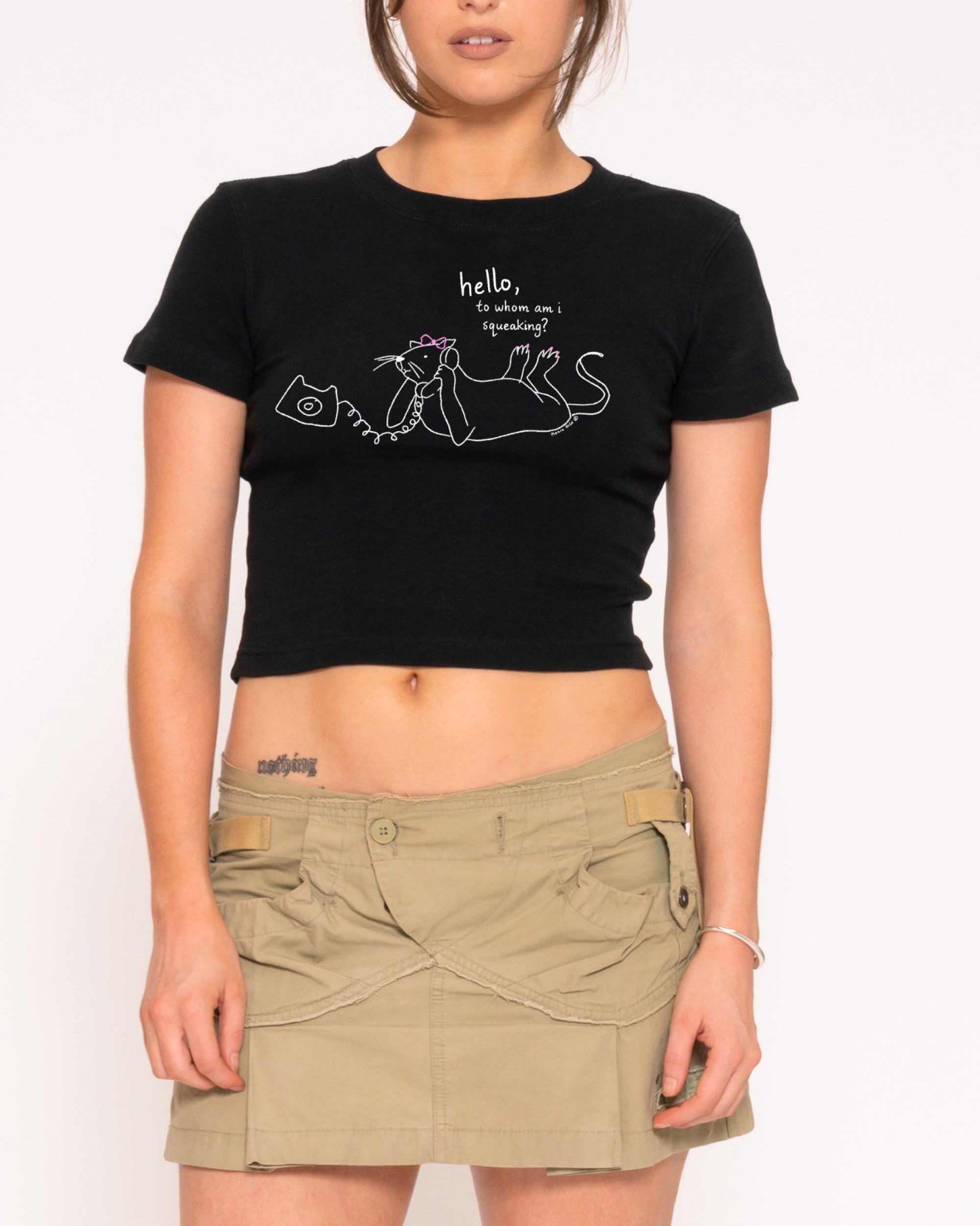 Hello, to Whom Am I Squeaking? Black Baby Tee