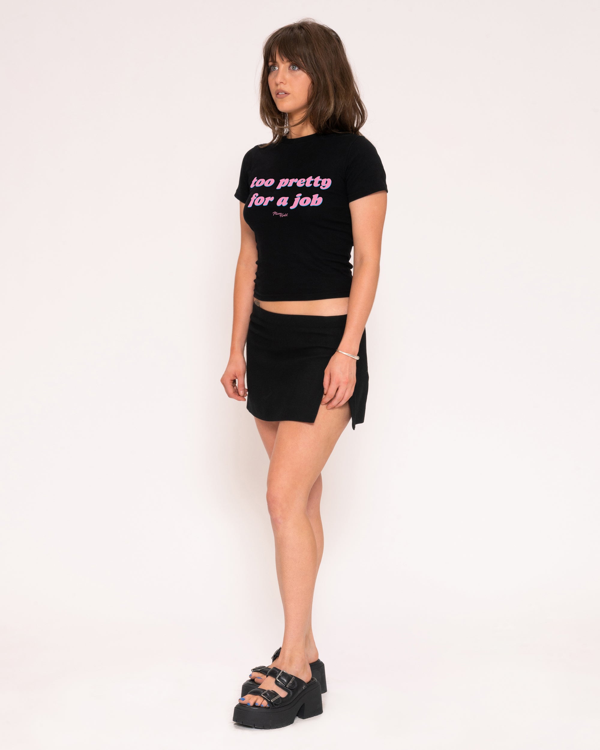 Too Pretty For A Job Black Longline Baby Tee
