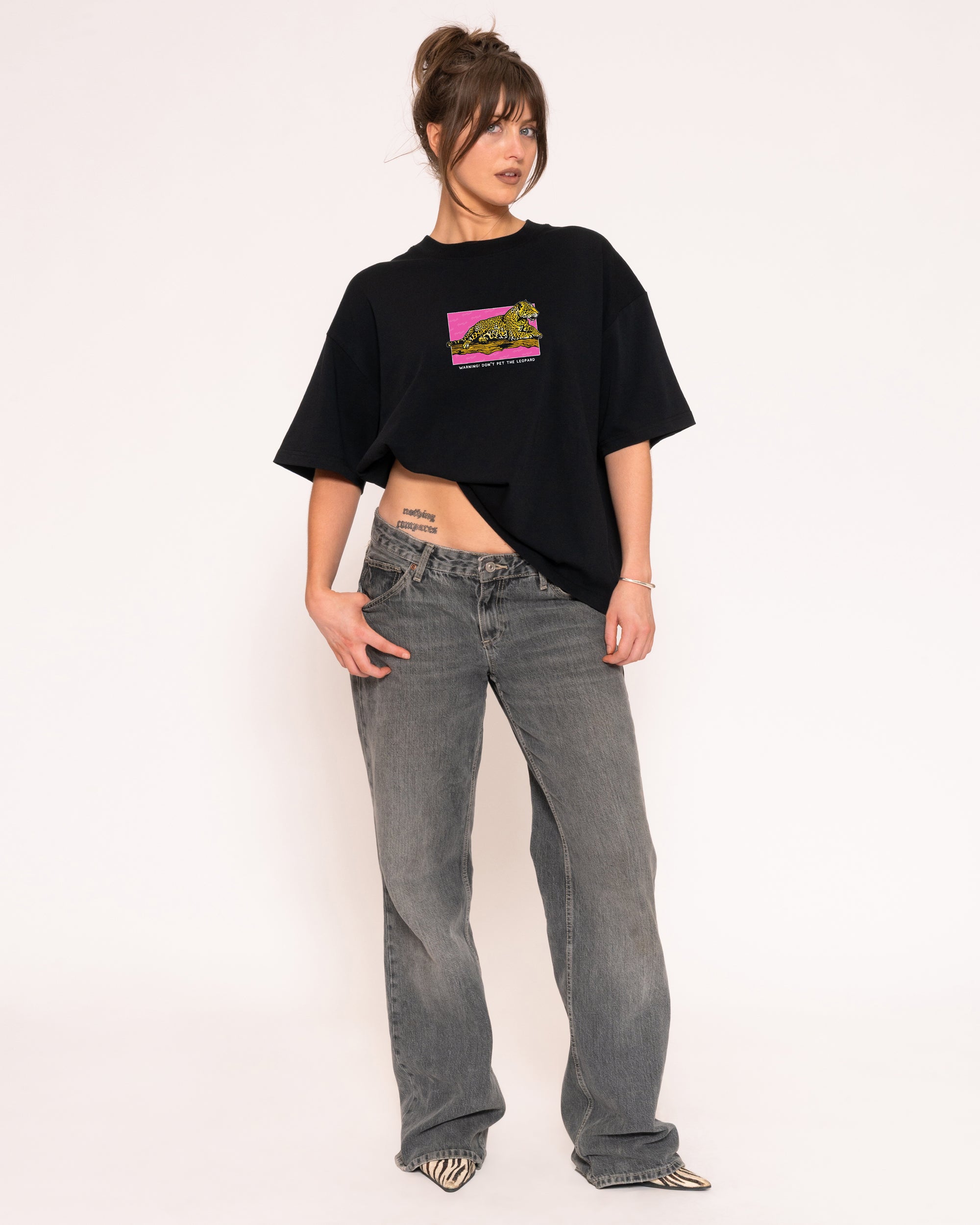 Warning! Don't Pet The Leopard Black Boxy Crop Tee