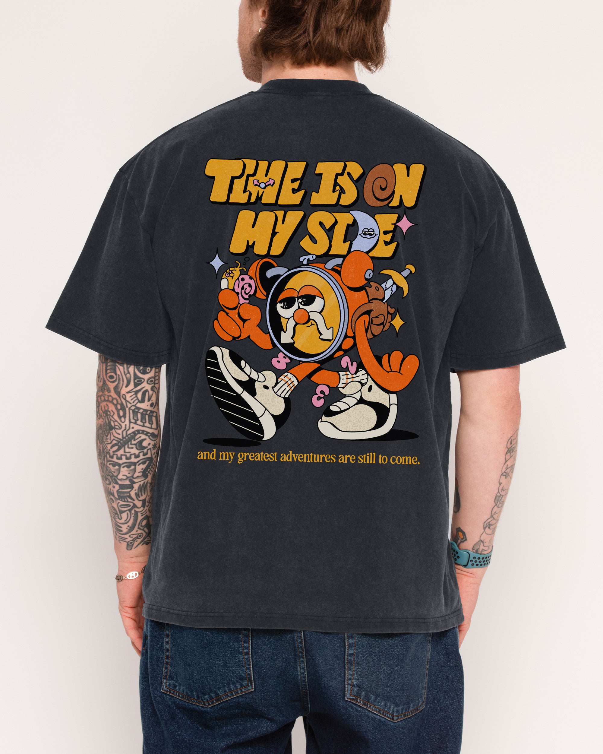 Time is on My Side Front and Back Black Wash Tee