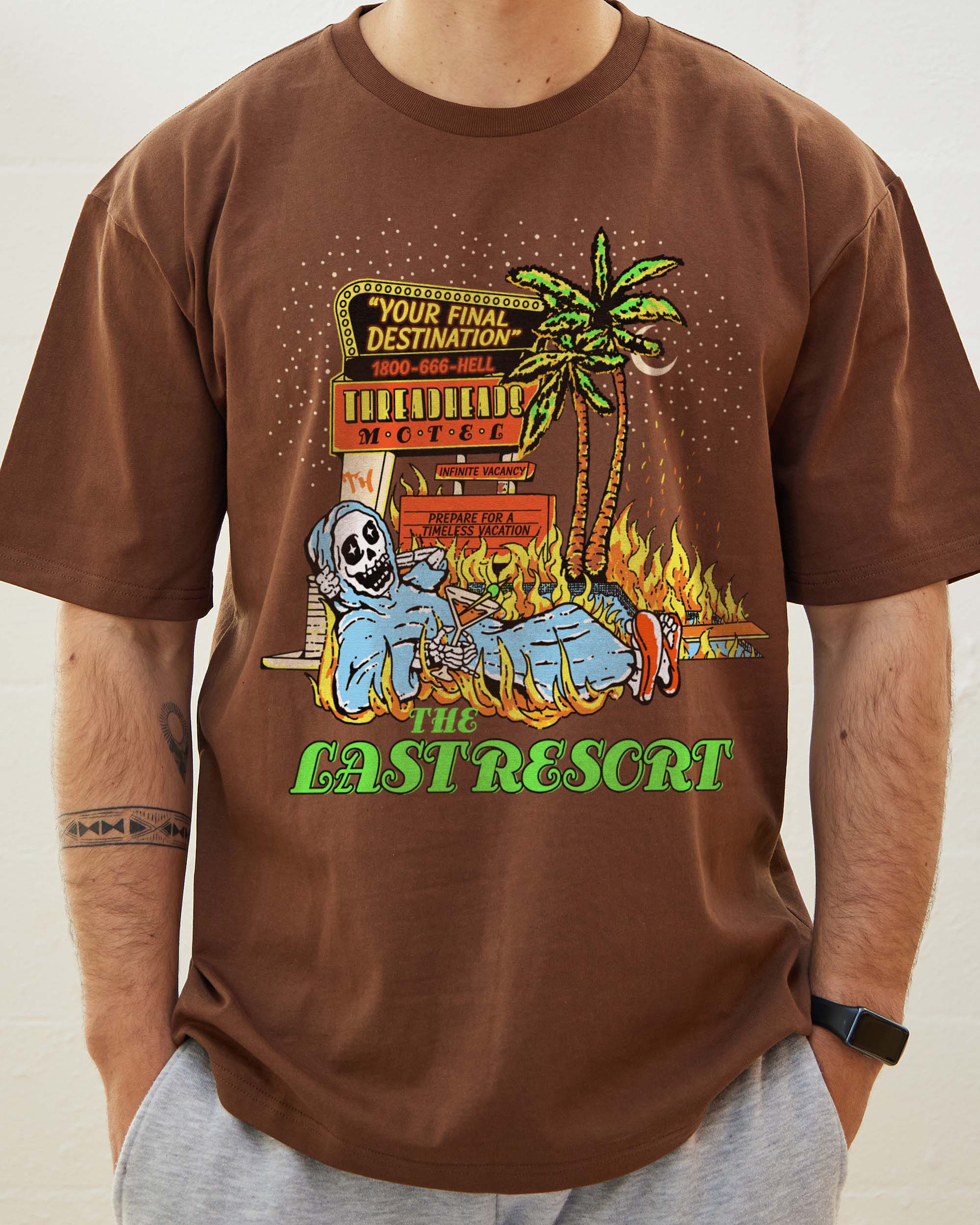 Last Resort Hotel Vacation Packages T-Shirt Australia Online Brown