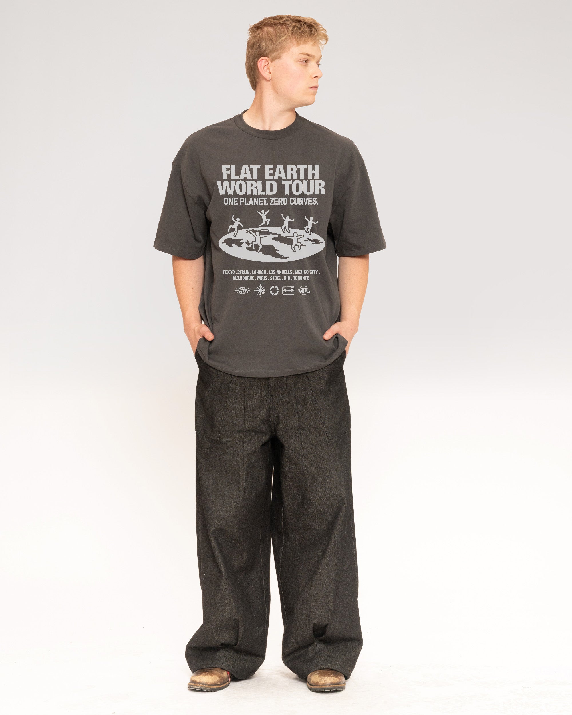 Flat Earth World Tour Charcoal Oversized Tee