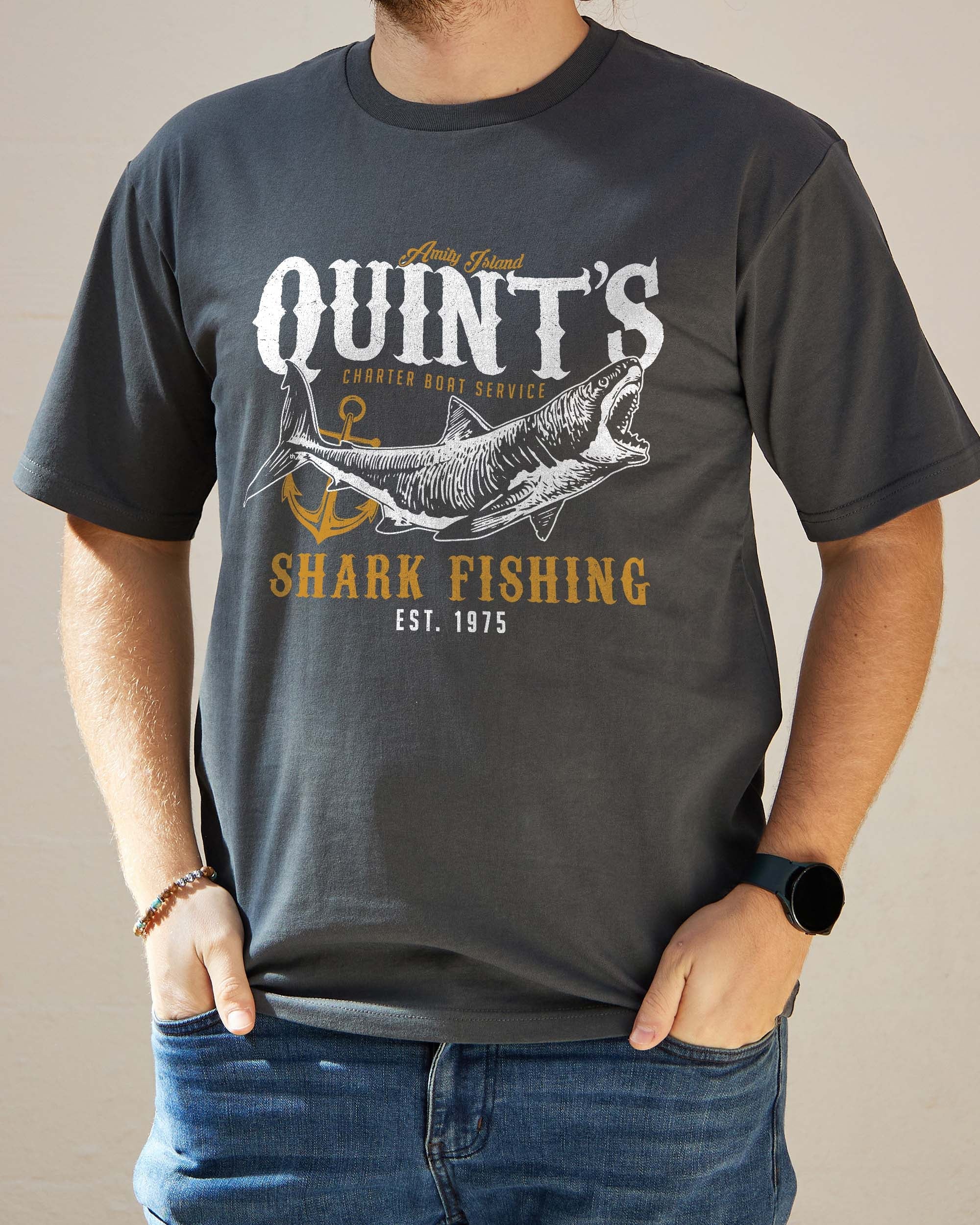 Quint's Shark Fishing T-Shirt Australia Online Charcoal