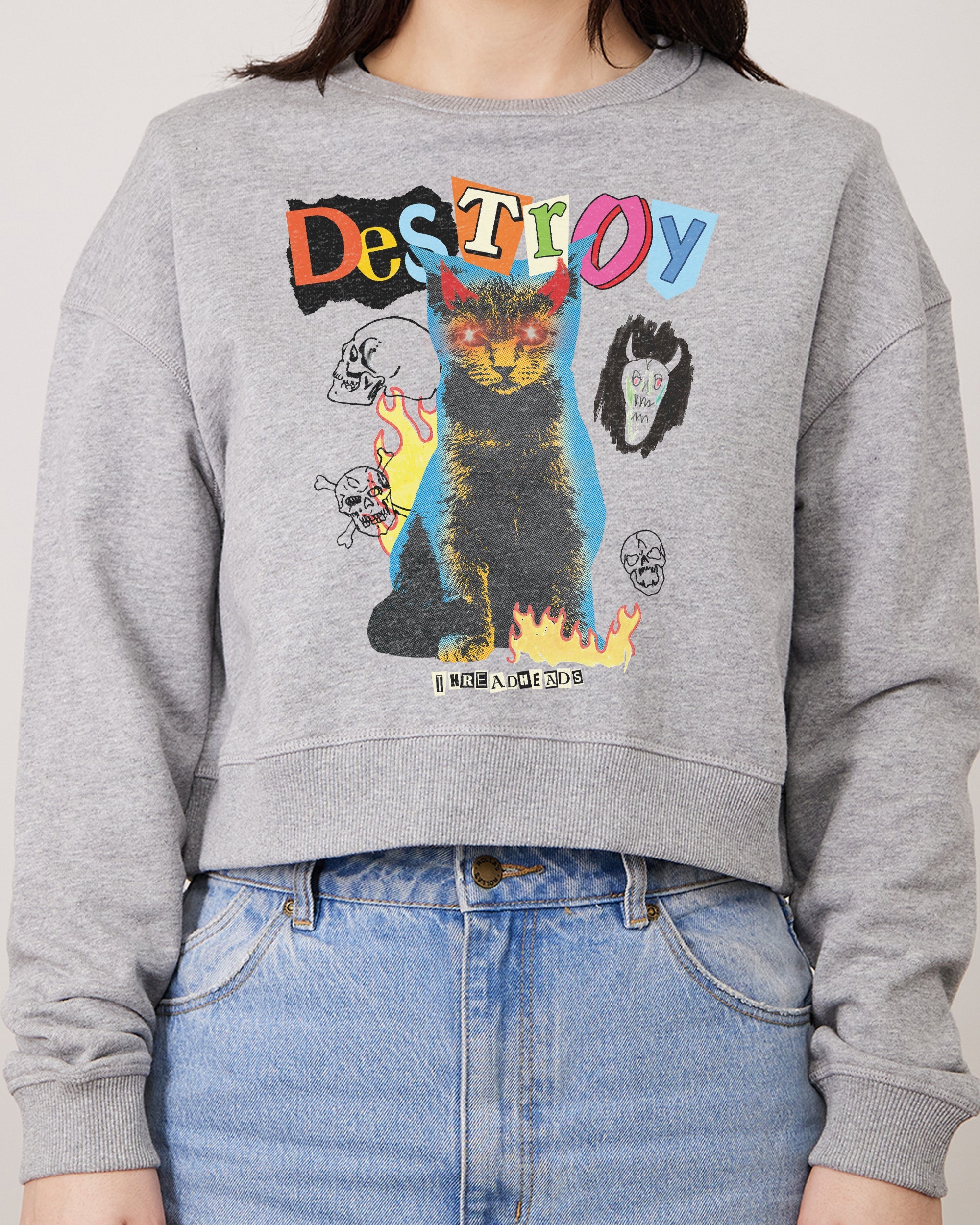 Destroy Cat Crop Jumper Australia Online Grey