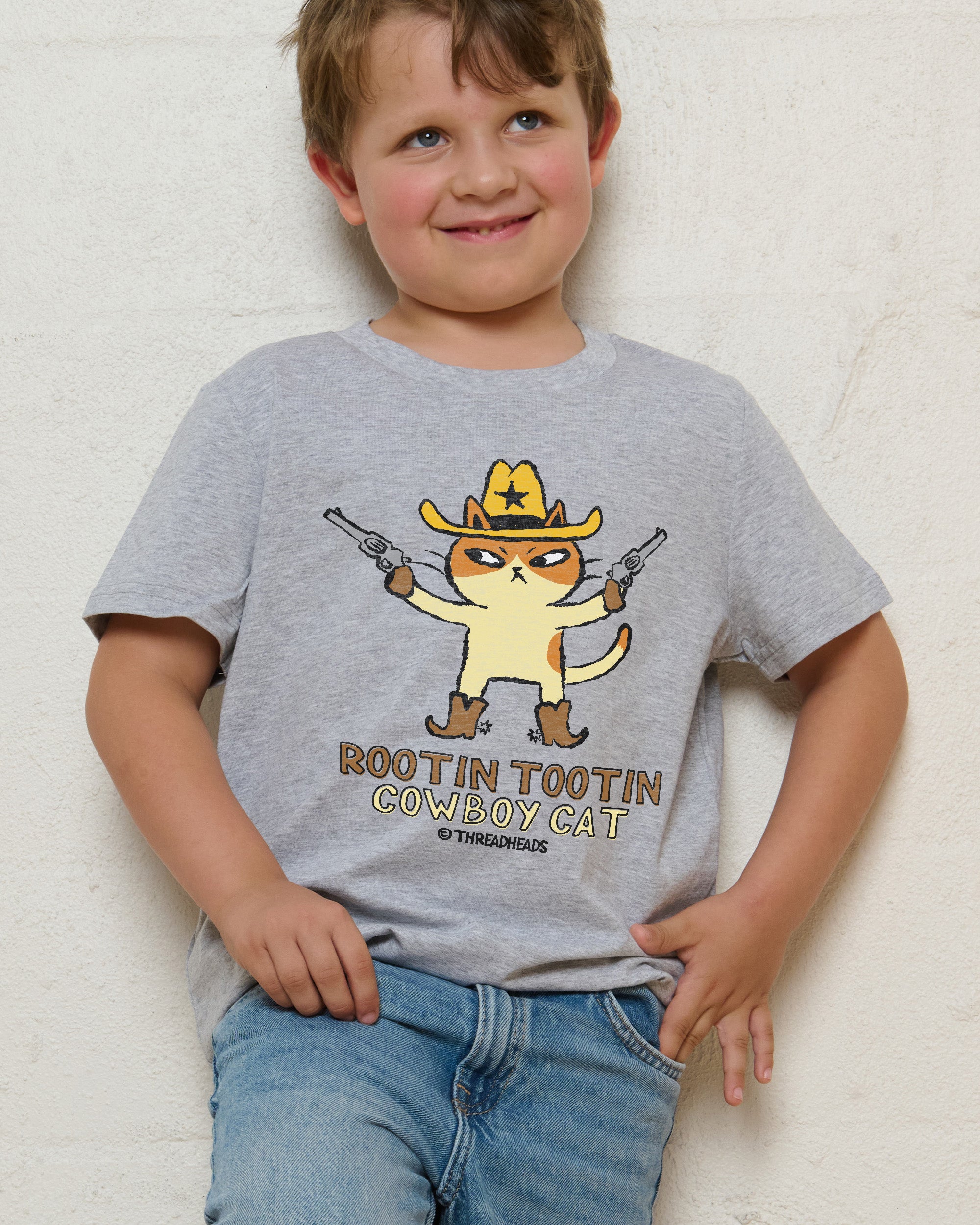 Rootin Tootin Cowboy Cat Grey Kids T-Shirt