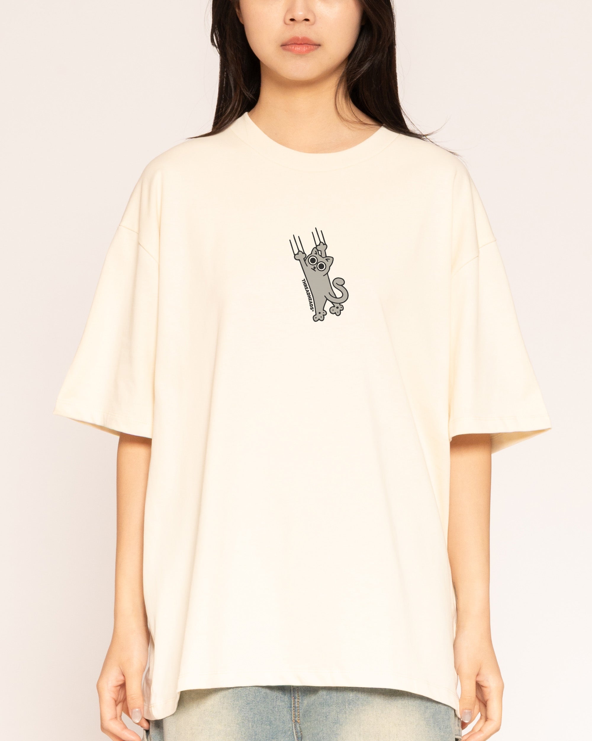 Falling Cat Natural Oversized Tee