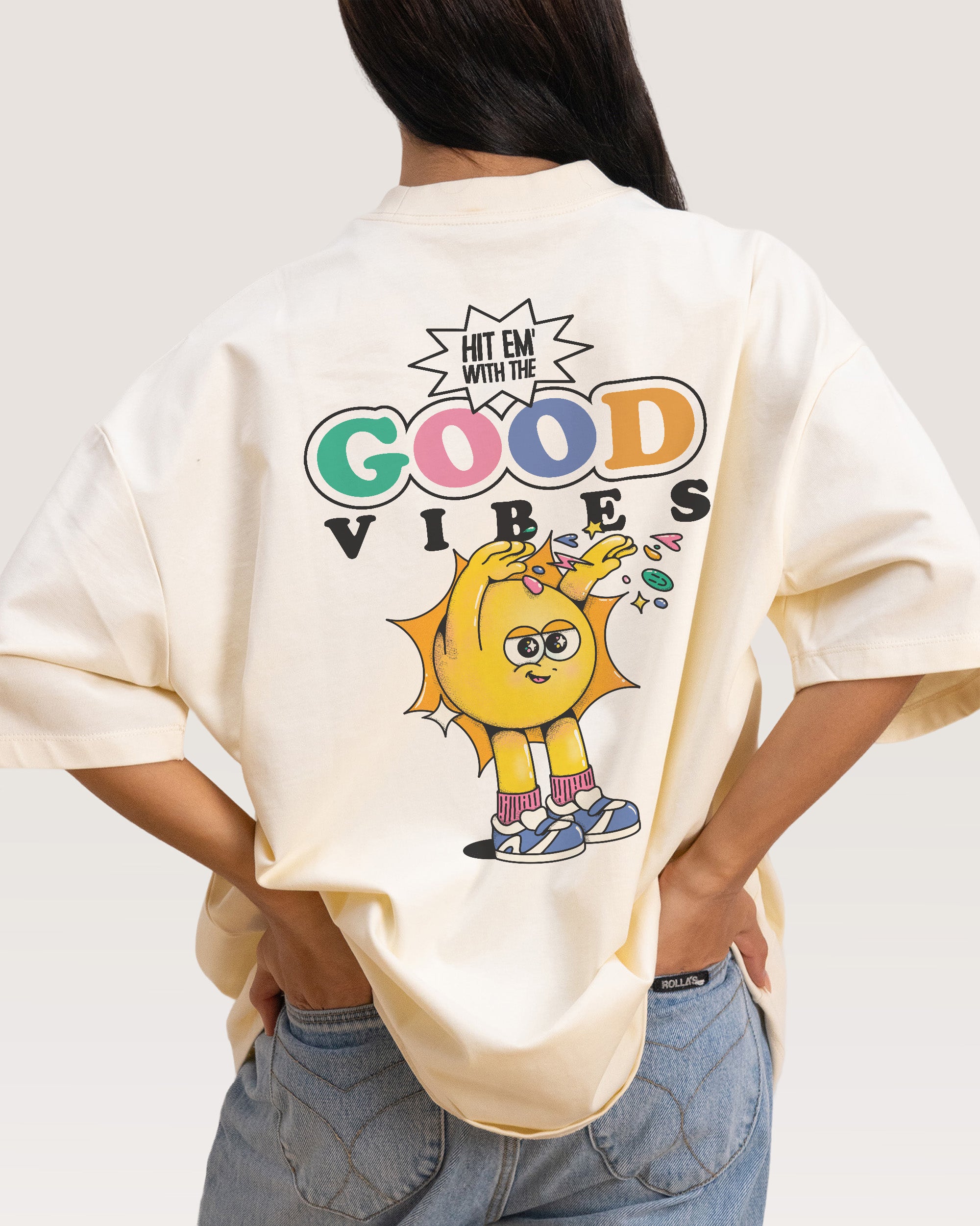 Hit Em' With the Good Vibes Natural Oversized Tee