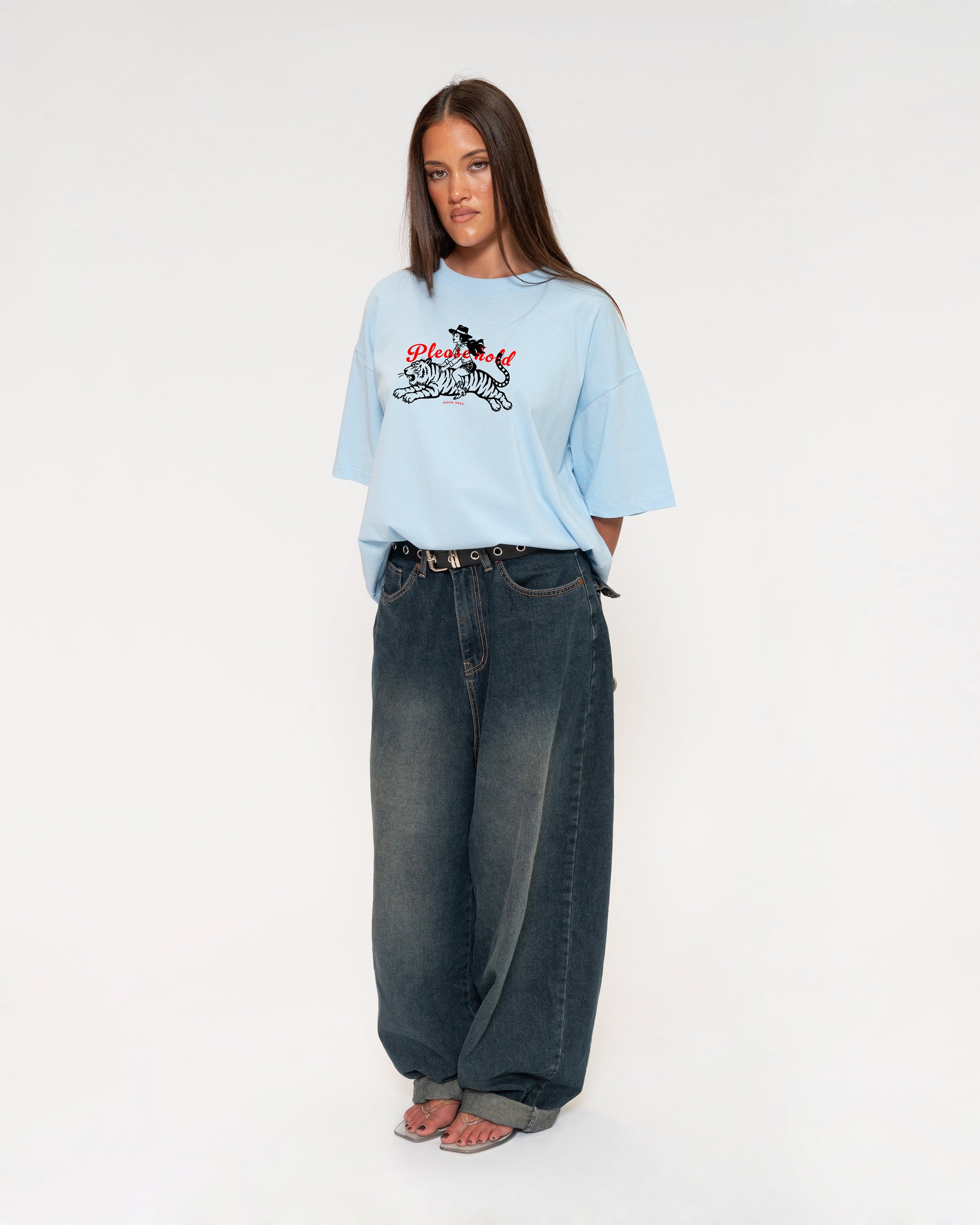 Please Hold Hell Cat Blue Boxy Crop Tee