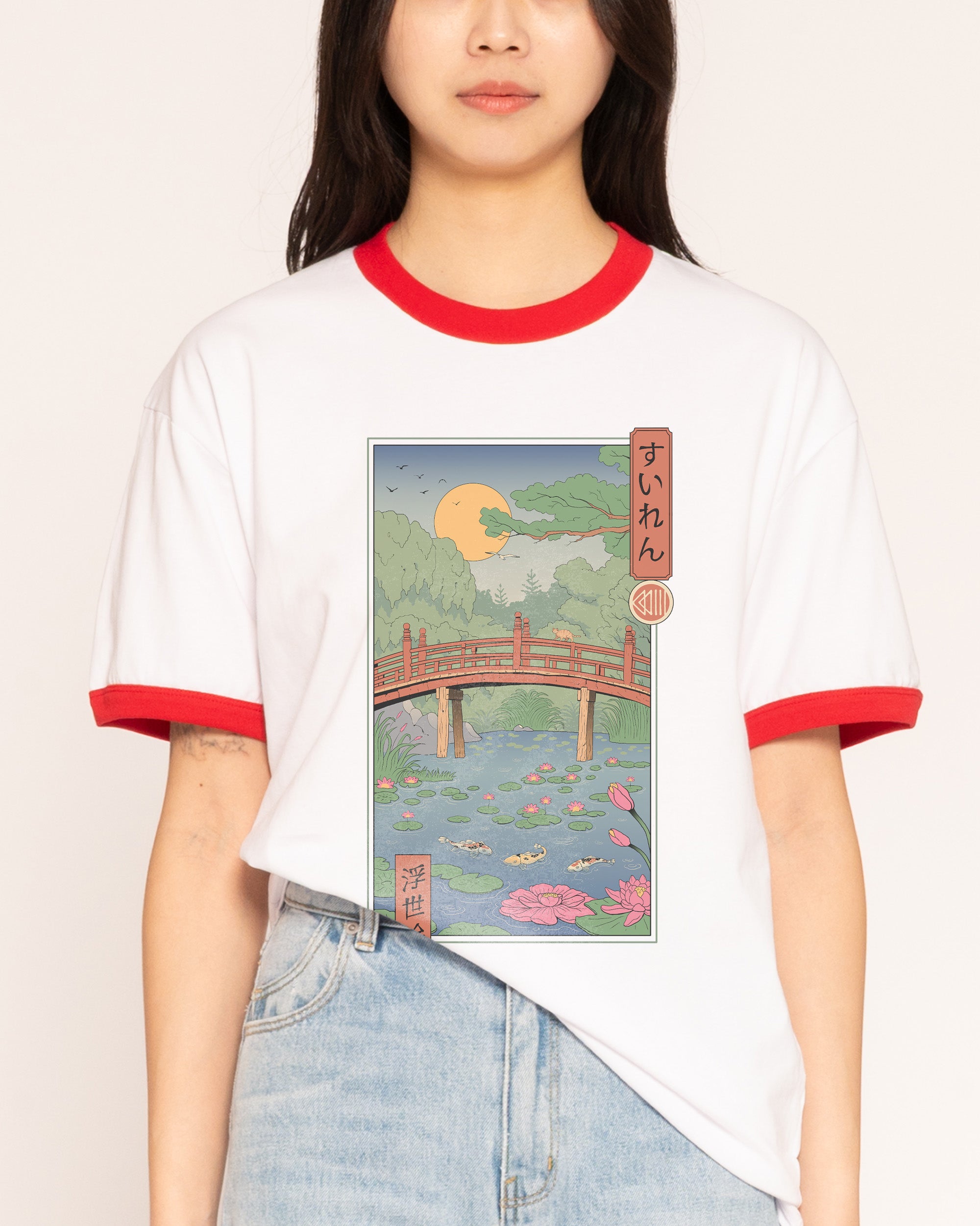 Water Lilies Ukiyo-e Red Ringer T-Shirt