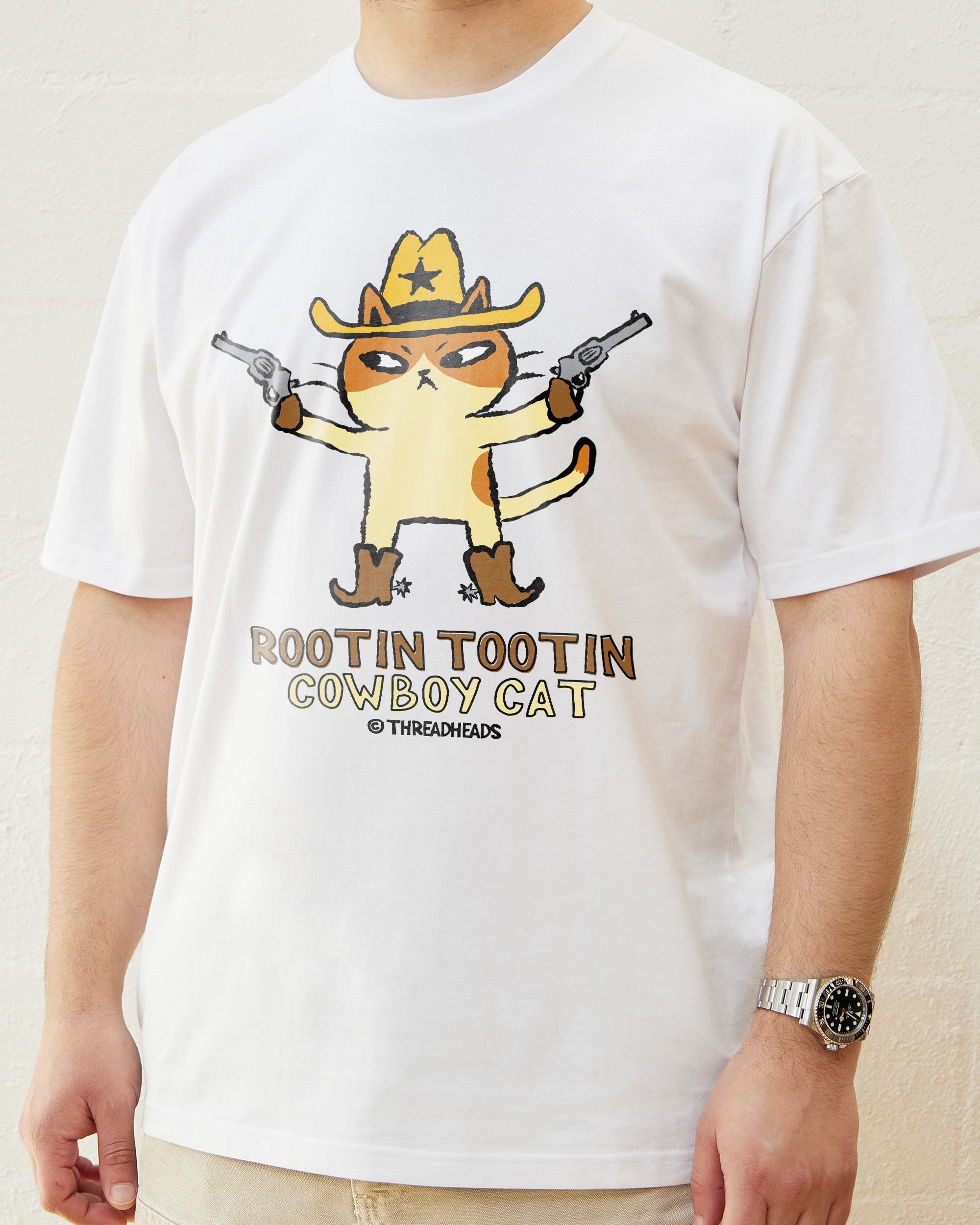 Rootin Tootin Cowboy Cat T-Shirt Australia Online White