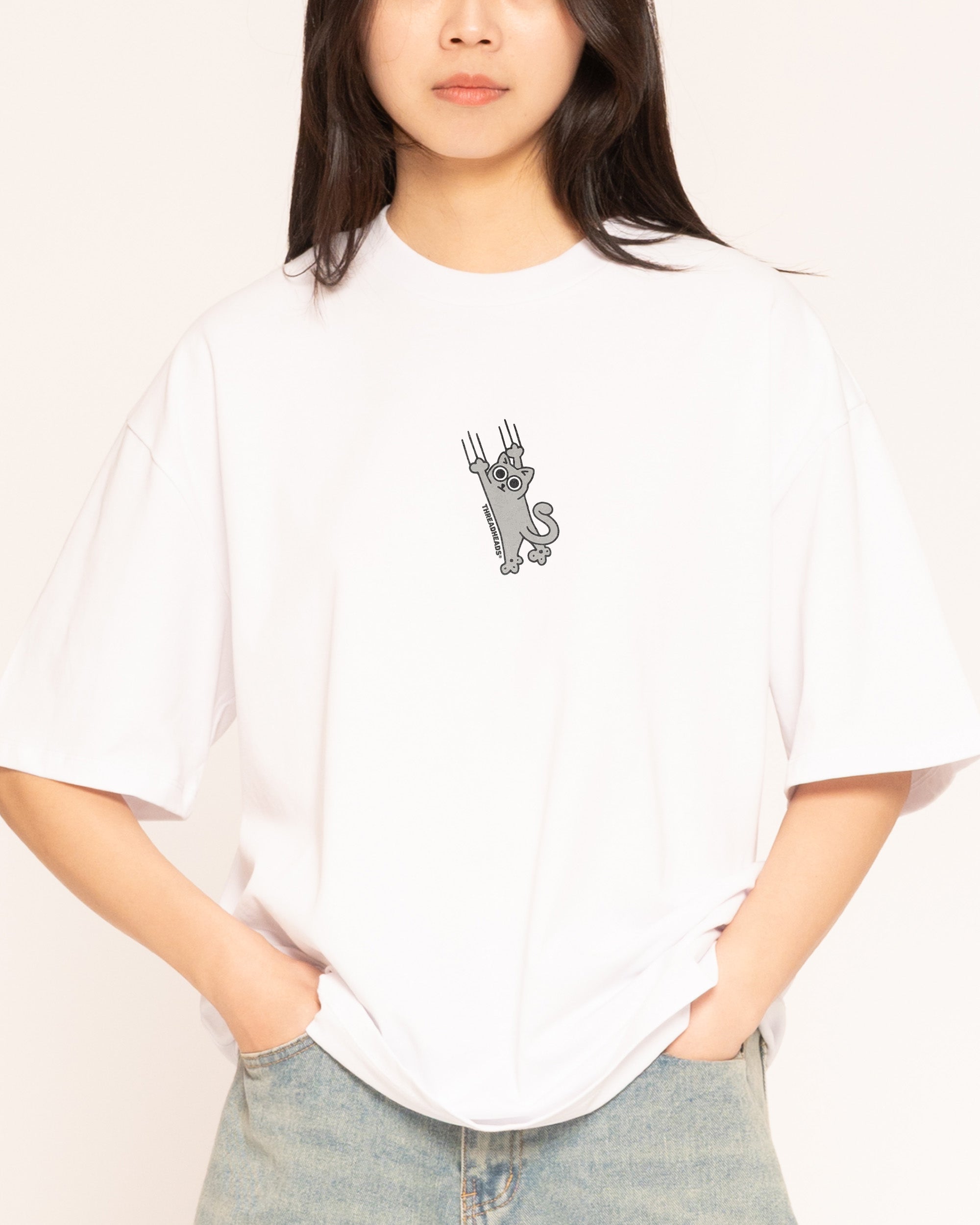Falling Cat White Oversized Tee