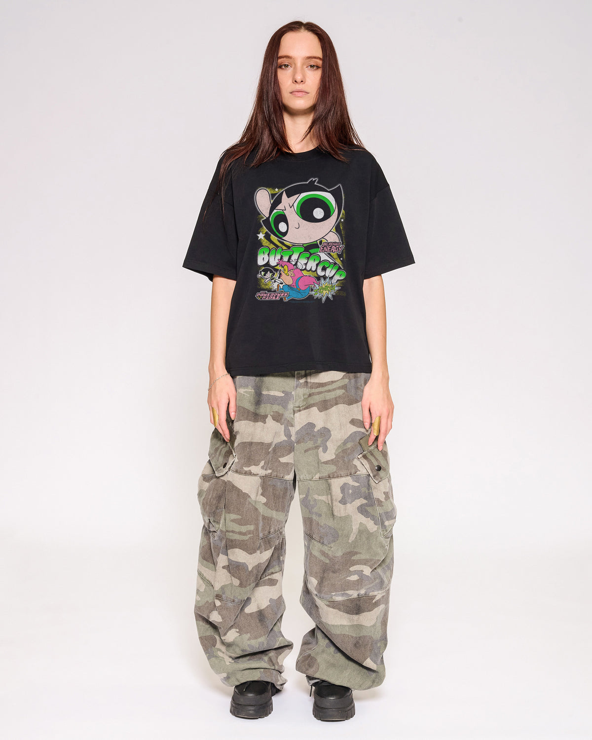 Buttercup Black Oversized Crop Tee Full-Body