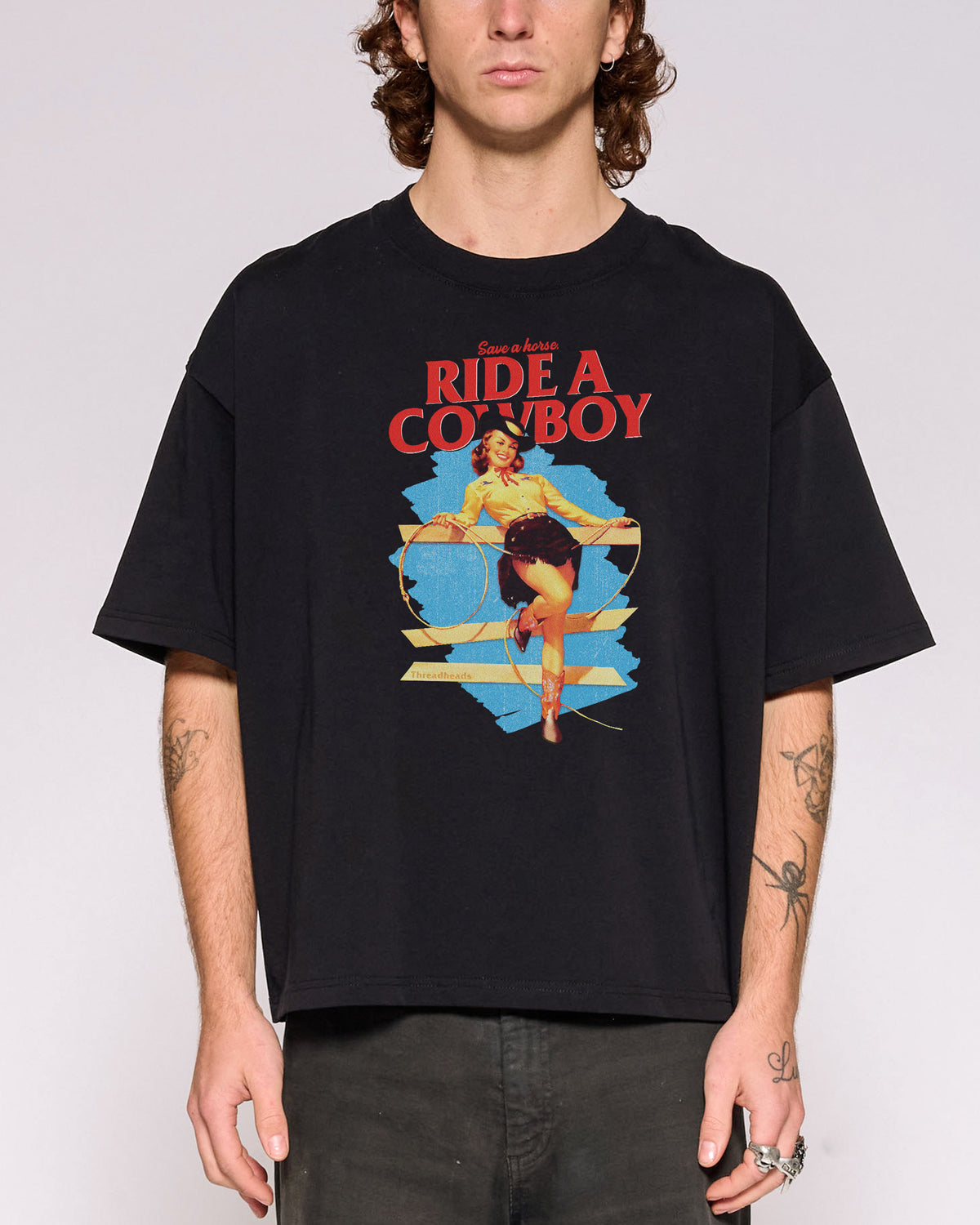 Save a Horse, Ride a Cowboy Black Oversized Crop Tee Close-Up