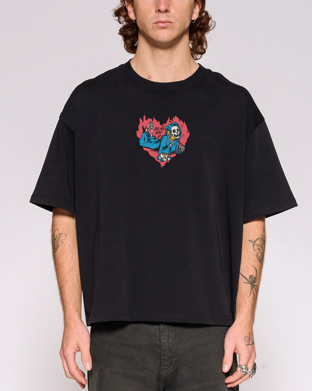 No You Hang Up Black Oversized Crop Tee Close-Up