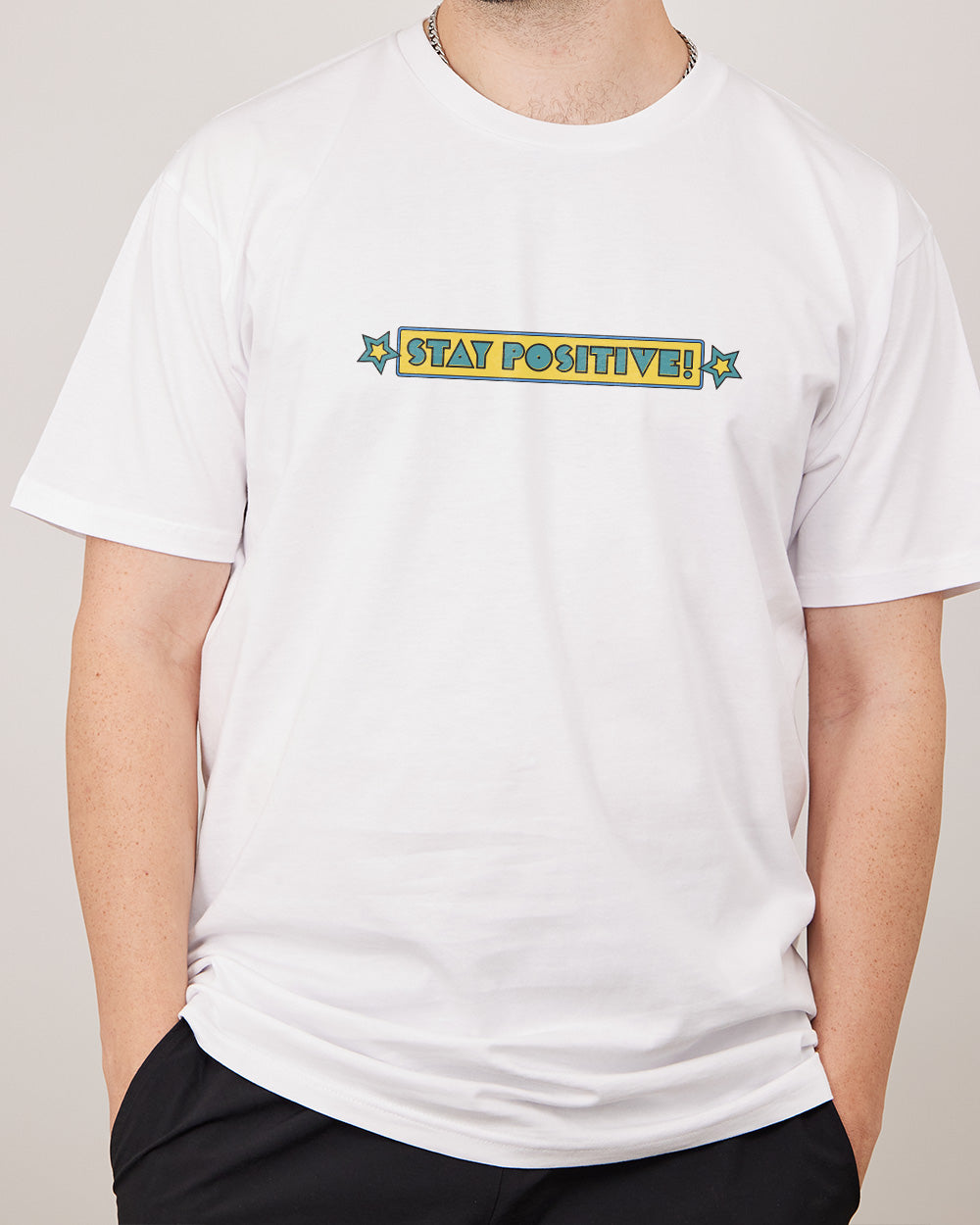 Stay Positive Front and Back T-Shirt Australia Online #colour_white