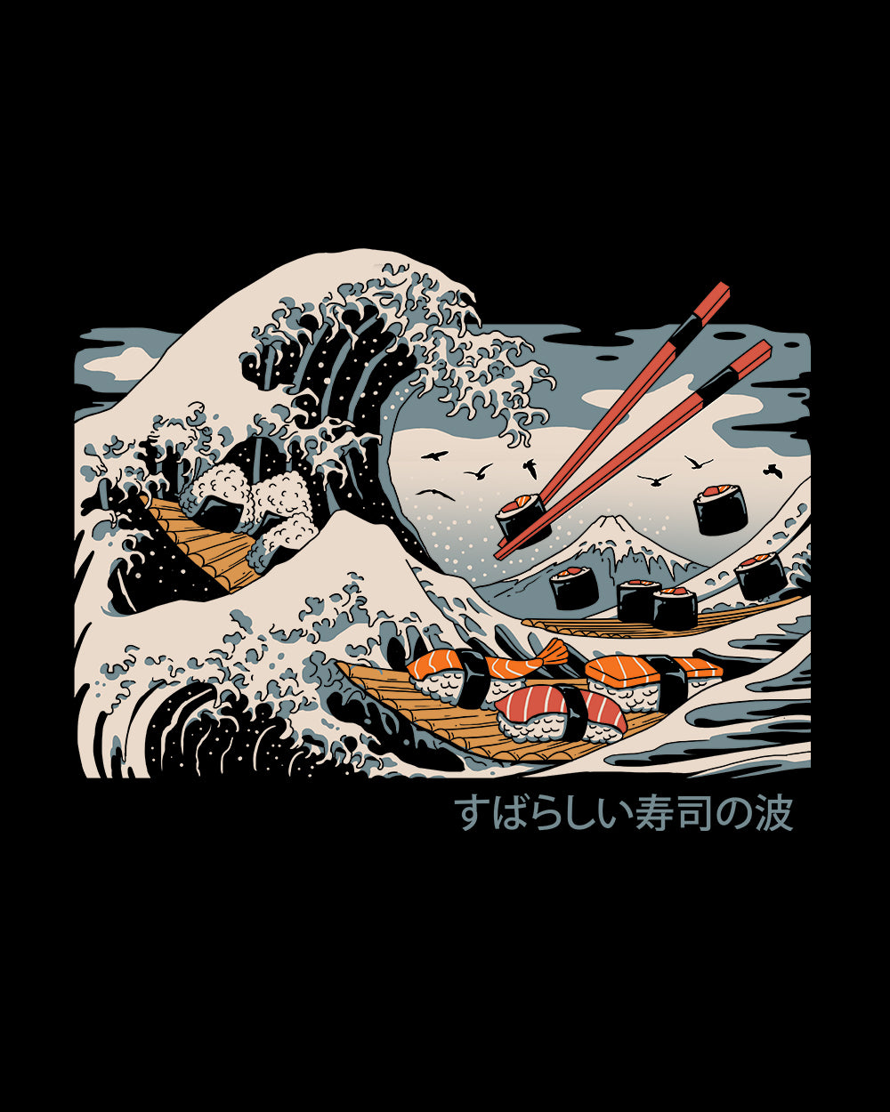 The Great Sushi Wave T-Shirt Australia Online #colour_black